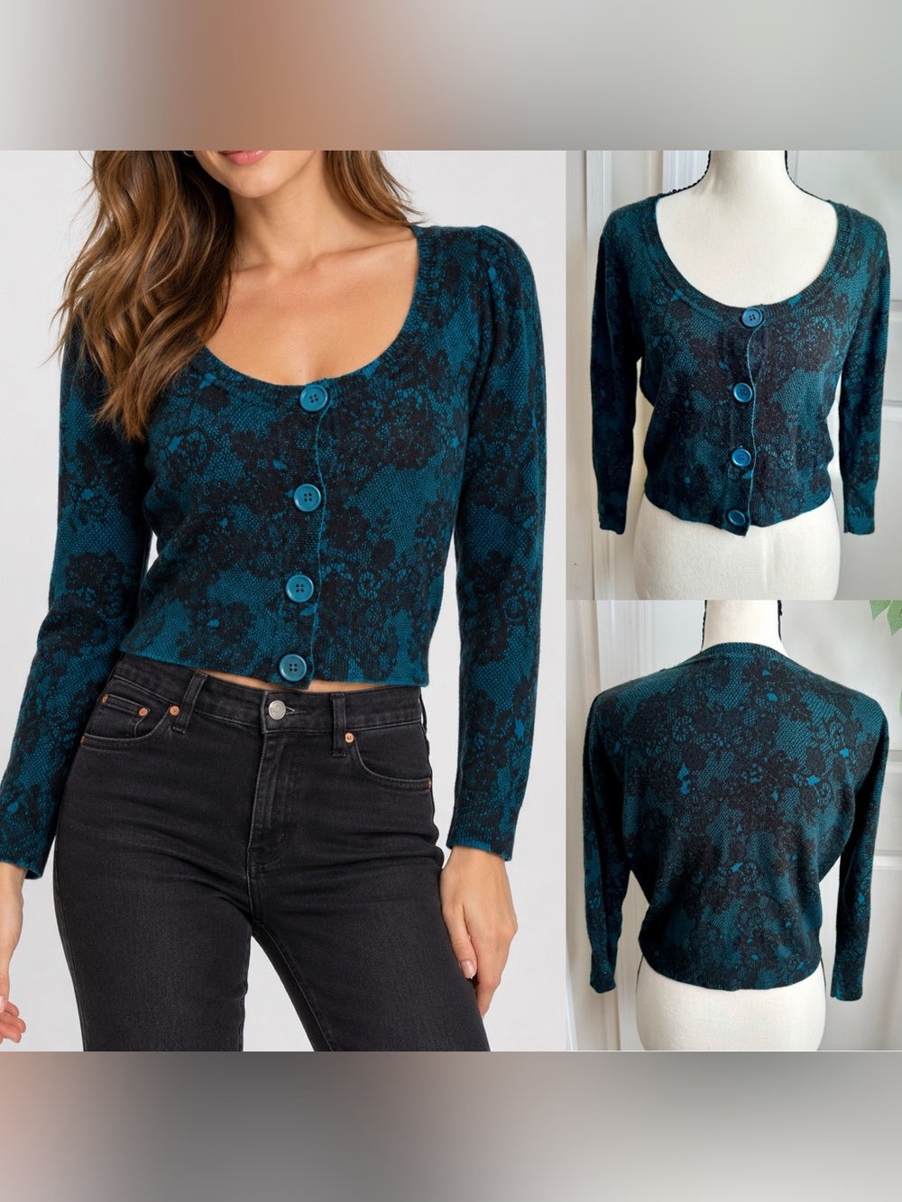 Love By Design Y2K Floral Cropped Button Cardigan Sweater Teal Black Sz L